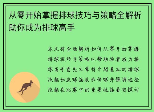 从零开始掌握排球技巧与策略全解析助你成为排球高手